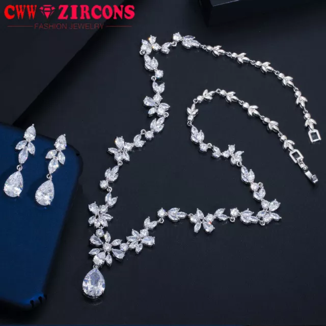 White Gold Plated Cubic Zirconia Long Leaf Wedding Necklace Earrings Jewelry Set