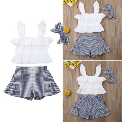 Toddler Infant Baby Girls Ruffle Tops Vest Striped Pants Shorts Headband Outfits