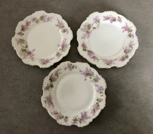Silesia Germany SIL61 Lilac Flowers, Embossed Rim, Gold - LOT OF 3 BREAD PLATES