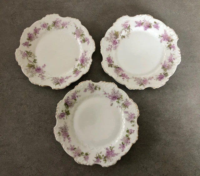 Silesia Germany SIL61 Lilac Flowers, Embossed Rim, Gold - LOT OF 3 BREAD PLATES