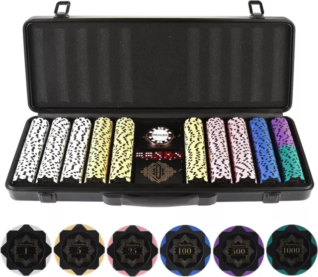 500pcs 13.5g Clay Poker Chips Set, High-end Texas Holdem, Leather Interior Case