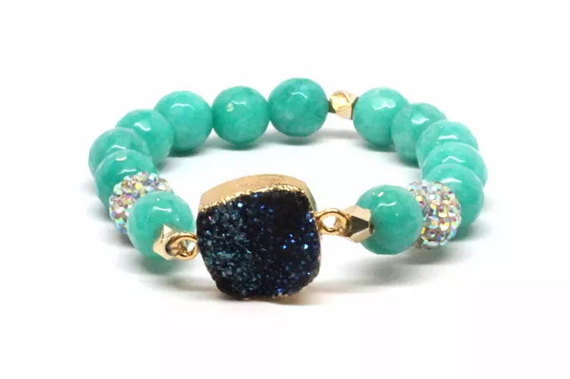 Druzy Beaded Dark Blue Agated Bracelet With Matte Sea Green Beads