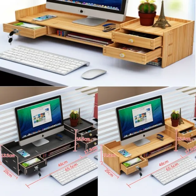 Wooden Monitor LED Computer Stand Riser Desktop Holder File Storage Drawer 2Tier