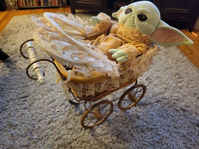 Antique Victorian Baby Doll  Stroller Vintage Wicker Carriage Wood Lace