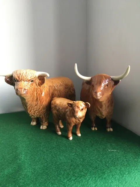 Beswick Highland Cattle Family Bull (Restored left horn), Cow & a Calf