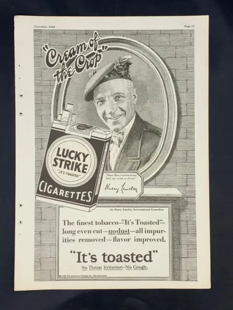 Magazine Ad - 1928 - Lucky Strike cigarettes - Sir Harry Lauder