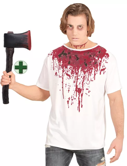 Zombie Kostüm Herren Halloween Horror T-Shirt Blut MIT blutige Axt KK