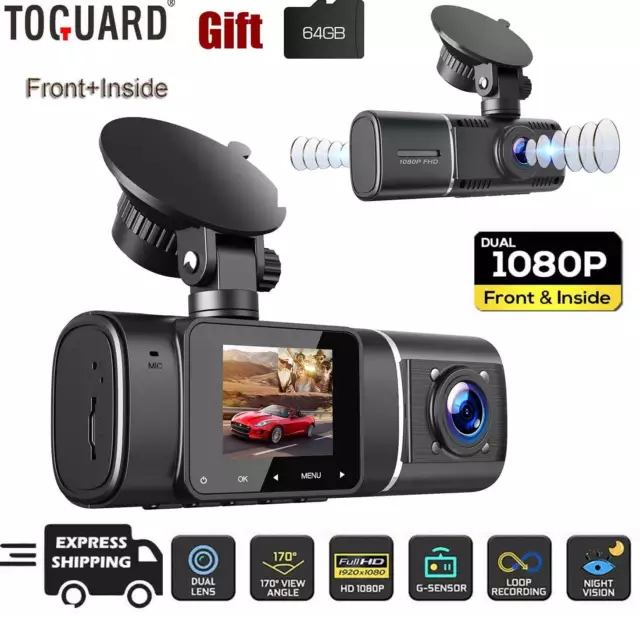 TOGUARD 1080P Dual Dash Cam Front Cabin Car Dash Camera Night Vision Uber 64GB