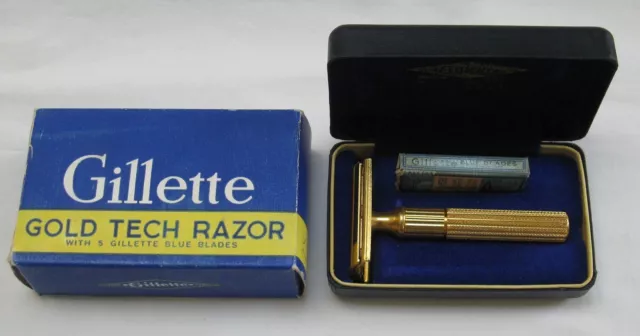 Vintage Gillette Gold Tech Safety Razor w/ Case & Box