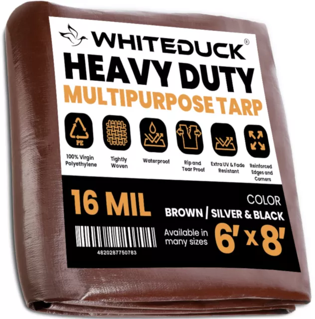 WHITEDUCK Heavy Duty Poly Tarp 16 Mil Brown- Reinforced Pool Boat Car Port Cover
