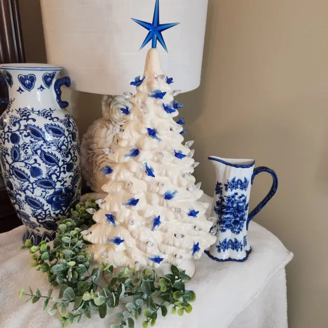 Chinoiserie CERAMIC CHRISTMAS TREE BLUE BIRD WHITE MANTLE TREE Handmade ELECTRIC