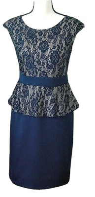 AA Studio Dress Navy Taupe Size 6 Lace Floral Peplum Pullover Polyester Spandex