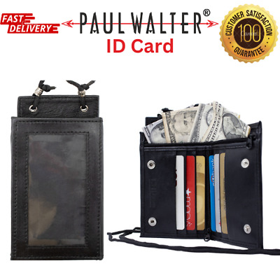 Paul Walter-Pure Genuine Leather Black Bifold ID Card,Name Pouch with Neck Strap