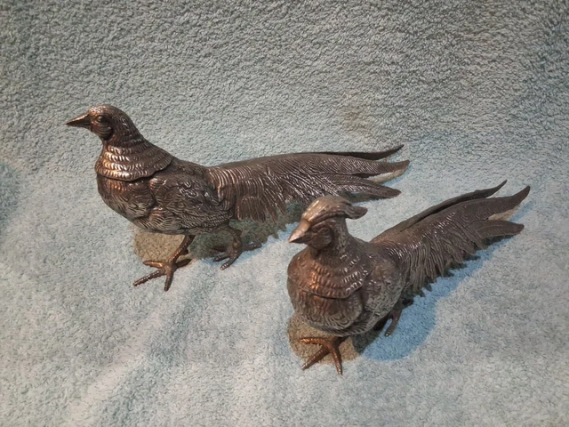 COUPLE DE FAISANS COULEUR BLEU METAL ARGENTE ART DECO ANCIENNE SCULPTURE