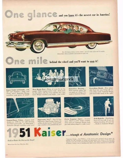 1951 Kaiser DeLuxe 4-door Sedan 1950 Vintage Print Ad