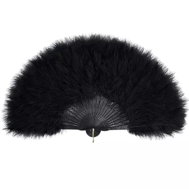 BLACK FEATHER FAN 20s Flapper Hand Held Ladies Halloween Fancy Dress Costume