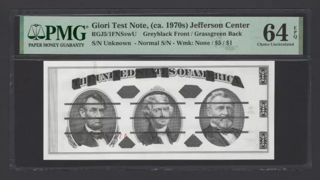 Giori Test Note,(ca. 1970s) Jefferson Center "Without Wmk" Uncirculated Grade 64