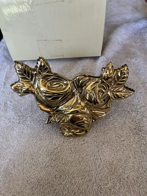 2 Brass Rose Curtain Tiebacks. Made In India. In Box with Original Hardware