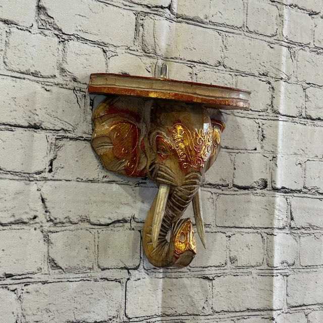 20cm x 20cm Brown Gold Shelf Wood Elephant Head Wall Mounted Art Large Shabby