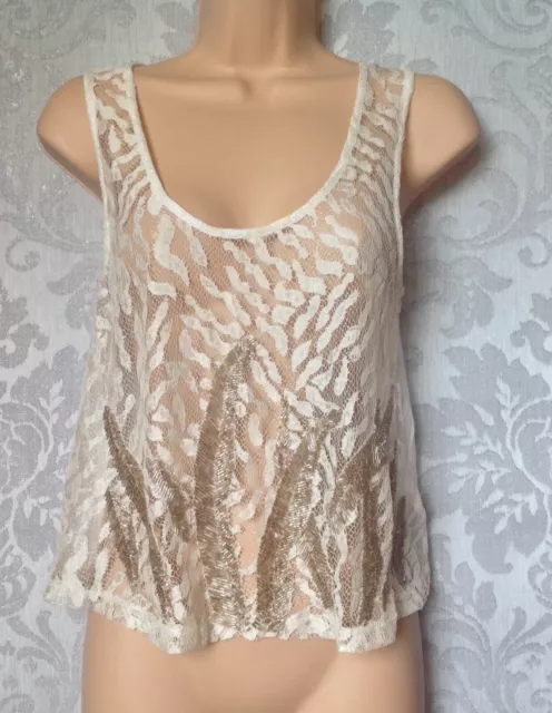 Y2K 90's 00's Cream Embellished Lace Mesh Sleeveless Top Size 8 Topshop fits 10