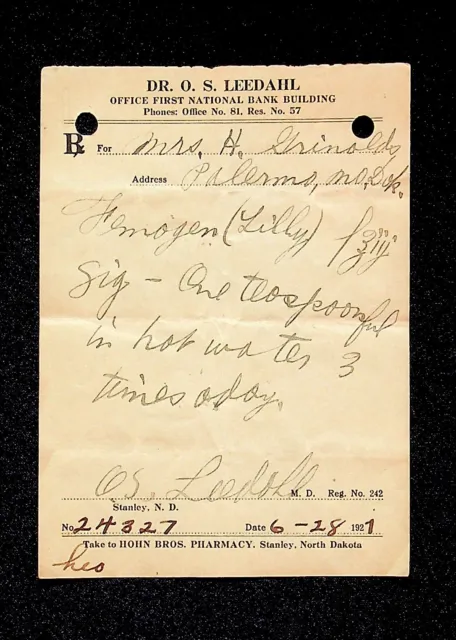 Dr O.S. LEEDAHL Stanley, ND North Dakota Handwritten Femogen Prescription 1921
