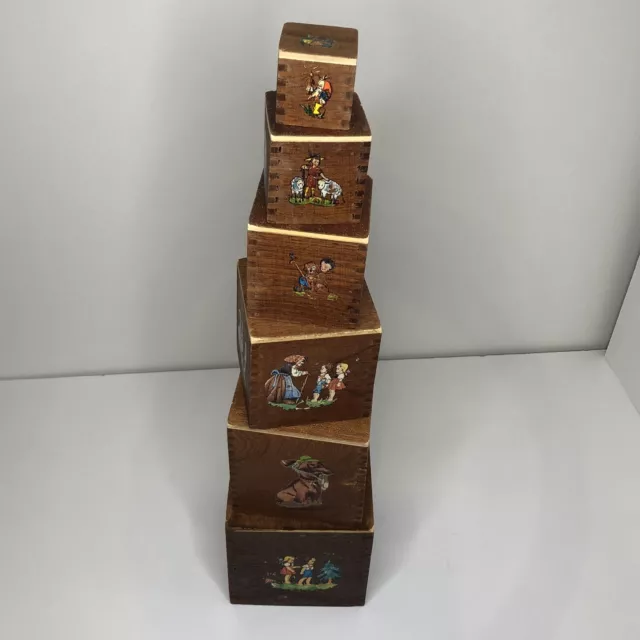 Vintage Wooden Toy Children Fairytale Nesting Stacking Boxes Dove Tail Set Of 6