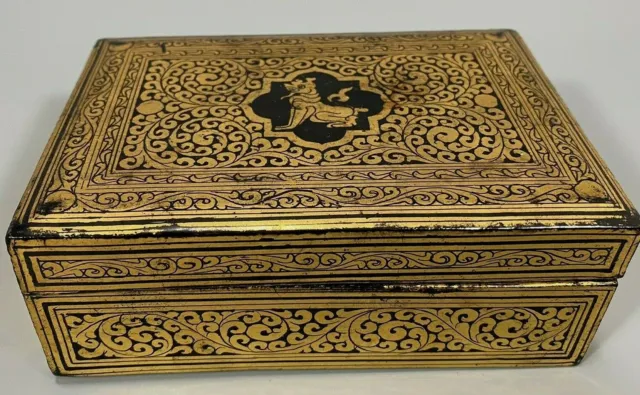 Burma Burmese Black Lacquer Box w/ Gilt Decor of Chinthe & Scrolls ca. 1950's