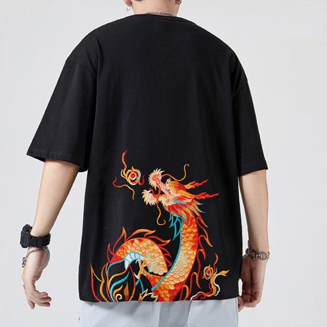 Uomo Ricamo T-Shirt Cinese Camicetta Cotone Manica Corta Casual Maglietta