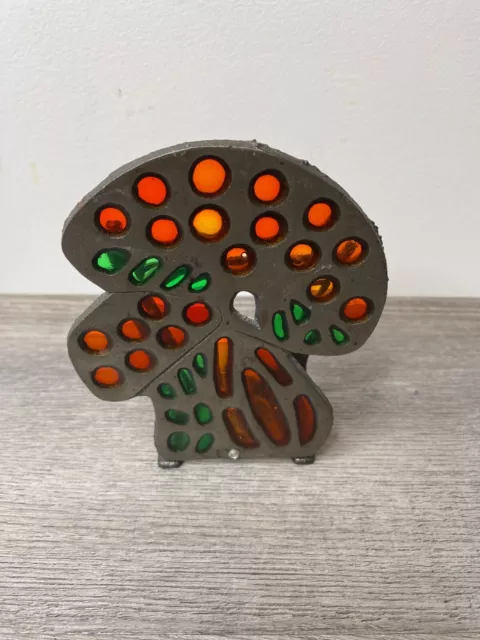 Vintage Cast Metal Mushroom Shrooms Stained Glass Look Napkin Holder Orange 60s