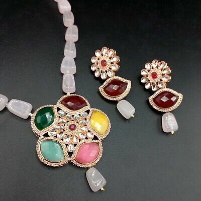 Bollywood Rose Gold Tone Ethnic Kundan Mala Necklace Wedding Indian Jewelry Sets 2