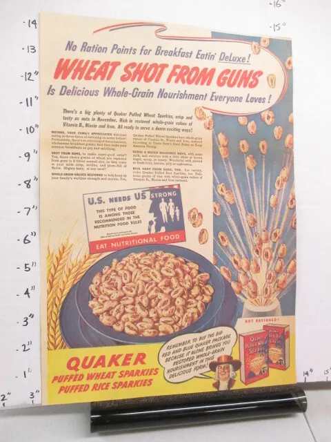 newspaper ad 1943 QUAKER Puffed Wheat Rice cereal box WWII American Weekly