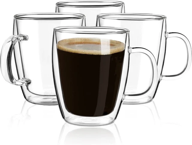 Double Wall Glass Coffee mugs 4-Pcak 16 Ounces-Clear Glass Coffee Cups with H...