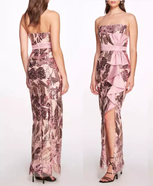 Marchesa Notte Pink & Silver Sequin  Mikado Bow Gown  With Deep Slit  sz 6  $995