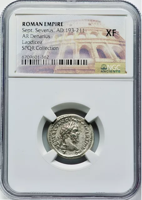 Rome 193-211 AD Septimius Severus AR Denarius Silver Laodicea Mint NGC XF “SPQR”