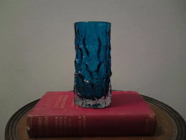 1970s Whitefriars Glass Geoffrey Baxter -Textured Cylindrical Bark Blue Vase 6”