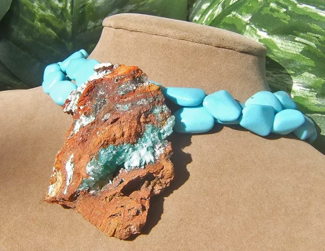 Collier De Pierres Précieuses Bleu Aqua Turquoise Geode Rouille Druzy Marron Cristal Brut Grand 2