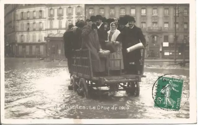 Carte postale  timbre 5c vert semeuse 1910 Asnières Crue FOM