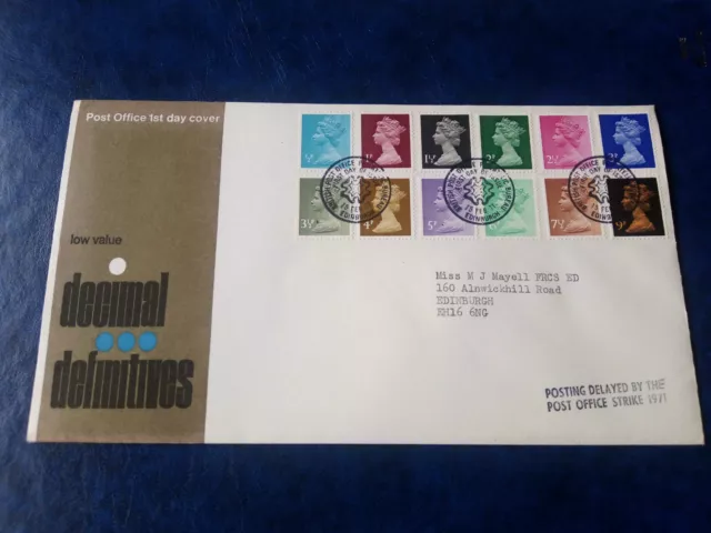 GB - 1971 - 1st Decimal Machin Definitive FDC "Delayed by Postal Strike" - VGC