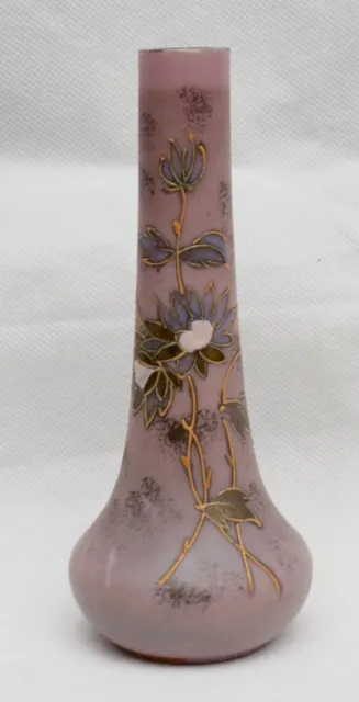 Antique Bohemian Blush Pink Milk Glass Vase Enamelled Gold Floral Decoration