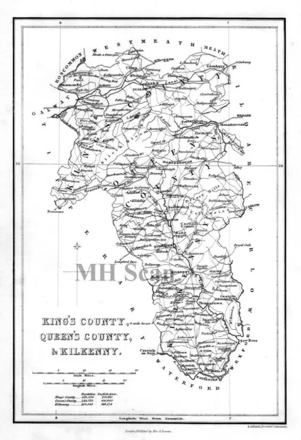 IRELAND, King's County, Queen's County & Kilkenny Antique Map c1841