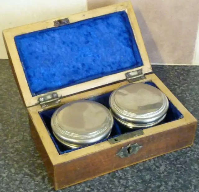 Antique 19Th Century Mahogany Domed Top Box & Two Cut Glass Silver Plated Pots