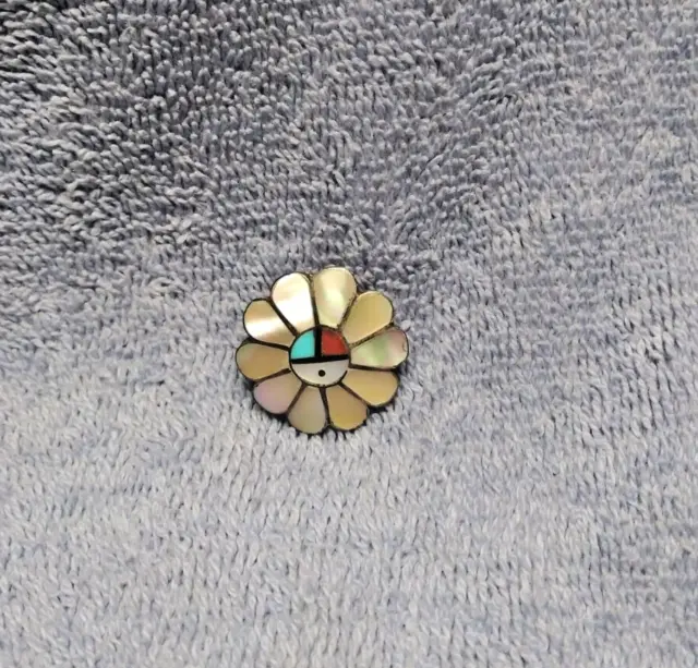 Vintage Sterling MOP Sun Face Pendant, Brooch, Or Pin Handcrafted Zuni Inlay