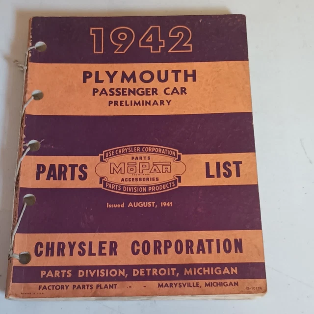 1942 PLYMOUTH Passenger Car Dealer Parts List Book Manual Original Mopar