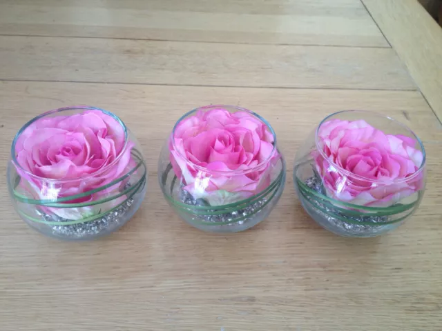 Artificial Flower Arrangement - 3 Glass Bowls Pink / Ivory / Wine Rose & Grass