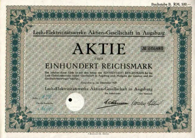Lech-Elektrizitätswerke Aktien-Gesellschaft 1929 100 RM