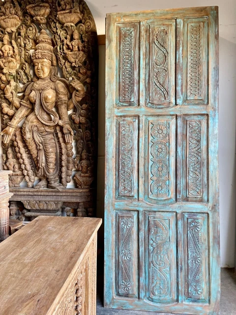 Artistic Vintage Barn Doors, Blue Hues Carved Barndoor, Sliding Barn Door