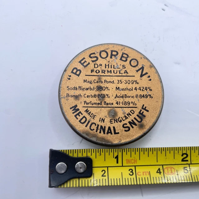 SNUFF BOX TIN Besorbon Medicinal Snuff Vintage Gold Coloured Pressed