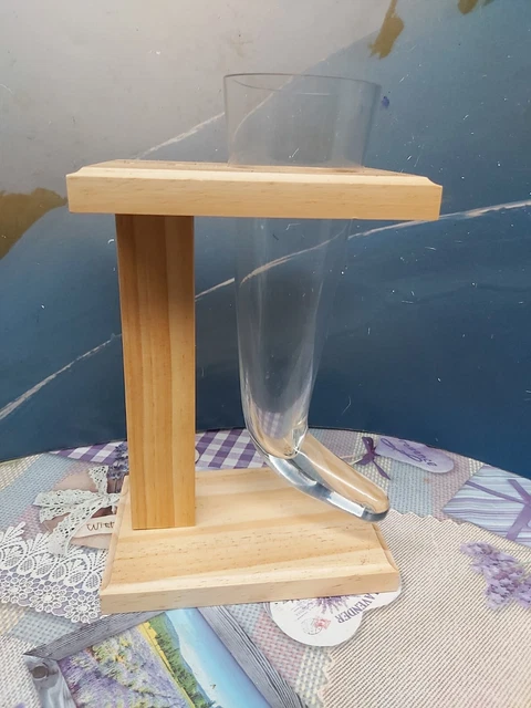 Glass Beer Drinking Horn Medieval Viking Style & Wood Display Stand