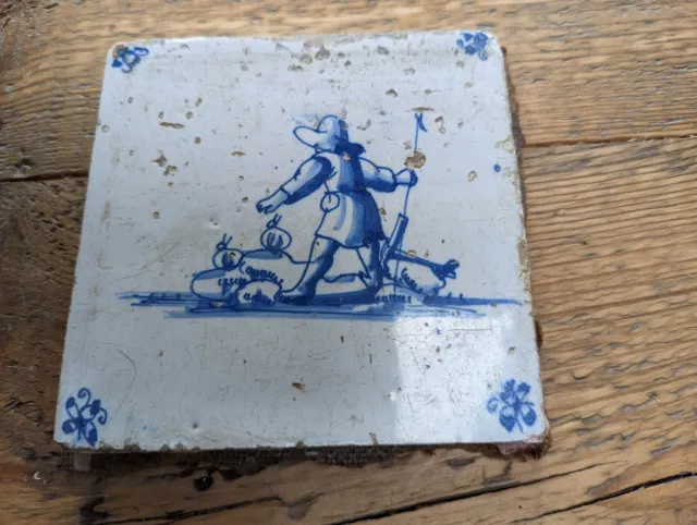 18th C blue Delft tile, shepherd with sheep & crook , antique exc cond 4 age
