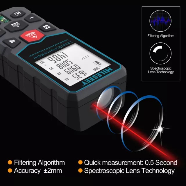 Mileseey Digital Laser Distance Meter Measurer Area Volume Pythagoras Tape LCD 3